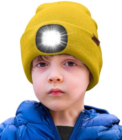 ATNKE Kids LED Beleuchtete Mütze mit Licht,Wiederaufladbare USB 4 LED Laufmütze Extrem Heller Lampe Winter Warme Stricken Mütze Großartig Geschenke für Jungen und Mädchen/Yellow