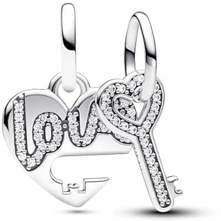 PANDORA Moments Teilbarer Herz & Schlüssel Charm-Anhänger aus Sterling Silber, Zirkonia, Kompatibel Moments Armbänder, 793081C01