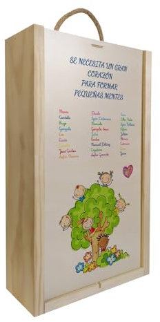 Caja de madera personalizada para regalar a profesoras, docentes, maestras de guardería con lista de alumnos. Capacidad para 2 botellas de vino o aceite.… (2 botellas)