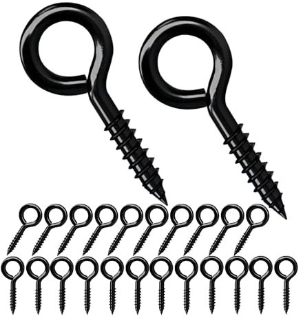 Qrity 20 PCS Eyelet Screws, Eyed Screw Hook 35mm, Self Tapping Screws, Tightening Screw, Ring Screw, Ceiling Hook, Eyebolt, Screw Hole Nail, Black