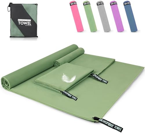 Pfloge® Mikrofaser Handtuch 3er Set, 180x80cm Microfaser Handtücher Groß+ 2 Stück 80x40cm Klein Fitness Handtuch, Farbecht Mikrofaser Badetuch, für Fitness, Sauna,Strand, Reise(Dunkelgrün)