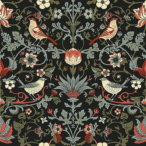 VEELIKE Vintage Birds Wallpaper Black Berries Floral Wallpaper Mid-Century Patterned Wall Mural 44.5 cm × 300 cm Contact Paper Self Adhesive Botanical Art Deco Wall Paper for Bedroom Bathroom