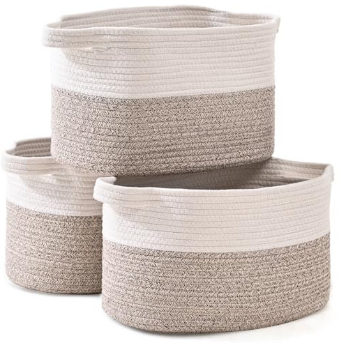 Gflyyue Woven Storage Basket,Cotton Rope Baskets, Storage Baskets for Organizing, Toy,Books Baskets, 15”x10”x9.5” Decorative Baskets for Living Room, Large Storage Baskets with Handles (Brown 3PCS)