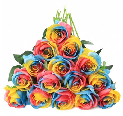 7 rose artificiali, rose finte arcobaleno, fiori artificiali, con steli, rose artificiali artificiali in seta, per casa, giardino, feste, hotel, ufficio, decorazione