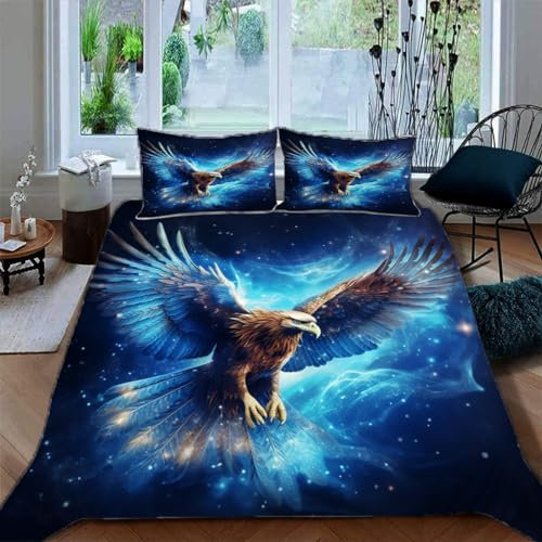 Ruiqieor Bettwäsche 200x200cm,Fliegender Adler blau Motiv Bettwäsche Set 3teilig,1 Bettbezug+2 Kissenbezug 80x80 cm,3D Tier gedruckte Kinder Bettwäsche(#12)