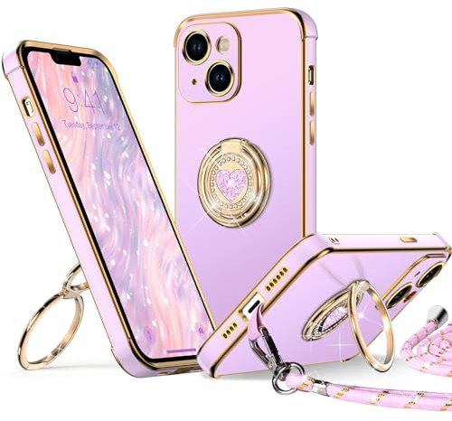 XYZ iPhone 14 Plus Case with Stand, Heart Lanyard for Women, Luxury Cute Bling Protective Cover, Purple