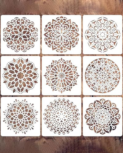AORHOFJ 9 Pièces Pochoirs Mandala Peinture, Mandala Pochoir Stencils Kit, Réutilisables Plastique Modèle, Réutilisable Dessin Peinture Pochoirs, pour Planchers, Fenêtres, Meubles, Bois, Wall Decor