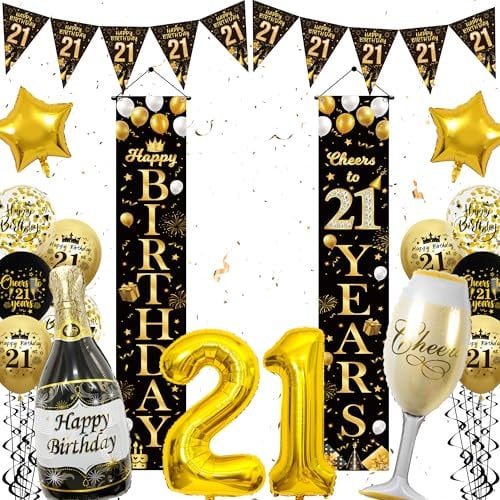 21st Birthday Decorations Black Gold - Happy 21st Birthday Door Porch Sign Banner, Latex Balloons and Foil Balloons, Triangle Bunting Flags, Cheers to 21 Years Theme Party Supplies for Men Women