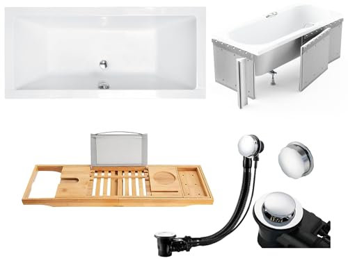 KOLMAN KOMPLETTSET 5in1 Acryl Weiß Wanne Badewanne Rechteck 155x70 cm QUADRO Made in EU + Styroporverkleidung + Badewannentablett Bambus Holzablage, Premium Ablaufgarnitur in Chrom & Wannenfüße