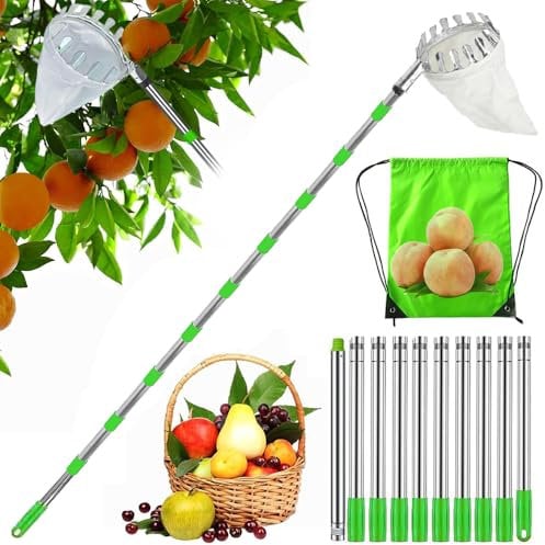 HEYIDAMAI Obstpflücker,Apfelpflücker,Pflückhilfe 4M,Obstgreifer Einfach zu Montieren,Kirschenpflücker mit Leichter Edelstahl Verlängerung Verbindungsstange und Baumwollbeutel Ø16 cm
