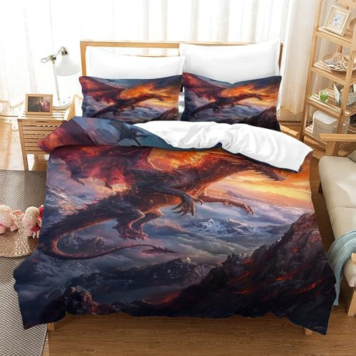 CasCam Flammenflugsaurier Bettwäsche Set Für Mädchen Jungen Kinder 3D Bettbezug Set Betten Set Kinderzimmer Dekor Bettwäsche Kollektion,Weich Mikrofaser Single(140x200cm)