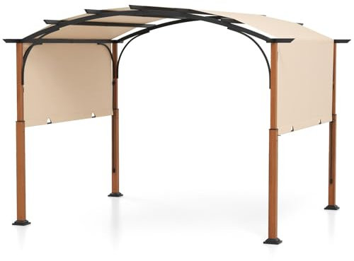 HOMASIS Pergola bombée de 3,6 x 3 m avec auvent rétractable, tonnelle avec protection solaire, gazebo avec cadre en métal pour jardin, arrière-cour et véranda (beige)