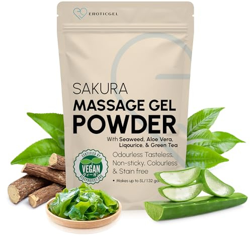 Japanisches Nuru-Gel-Pulver „Sakura“ 50 g, wiederverschließbar, ergibt 5 l | Seetang, Süßholz, Aloe Vera & grüner Tee, hergestellt in Japan. Vegan, parfümfrei, wasserbasiert. Ergibt 5 Liter.