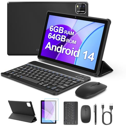 BAKEN 10-Zoll-Tablet, Android 14-Tablets, 6 RAM 64 GB ROM-Speicher, 1 TB erweiterbar, 6000 mAh Lange Akkulaufzeit, Wi-Fi 6, Quad-Core-Prozessor, 2 MP + 8 MP Doppelkamera, IPS-Bildschirm (schwarz)