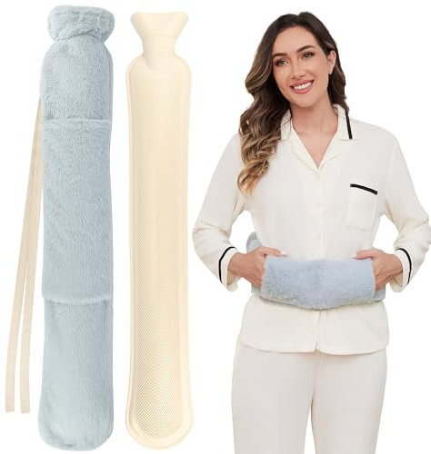 Wärmflasche Lang, 2L Lange Schlauch Wärmflasche mit Flauschig Bezug Kängurutaschen und Gurt, 72cm Extra Länglich Warm Bettflasche Groß zum umbinden XXL Wärmeflaschen für Taille, Nacken, Schulter