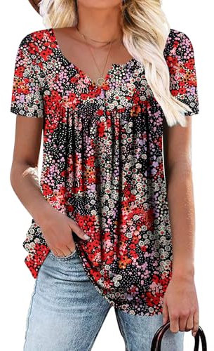 CHICZONE Ladies Tunic Tops for Leggings Short Sleeve Pleated V Neck Buttons Up Blouse Henley