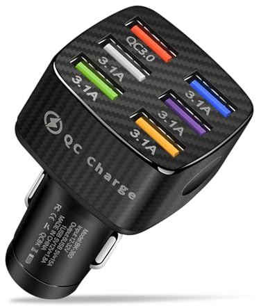 JNNJ Auto-Ladegerät-Adapter, 6 USB-Multiport Schnellladung Auto Ladeadapter, Auto Ladegerät Adapter Zigarettenanzünder Verteiler Steckdose, Automobil-Universal-Innenraum Dekoratives Zubehör(Schwarz)