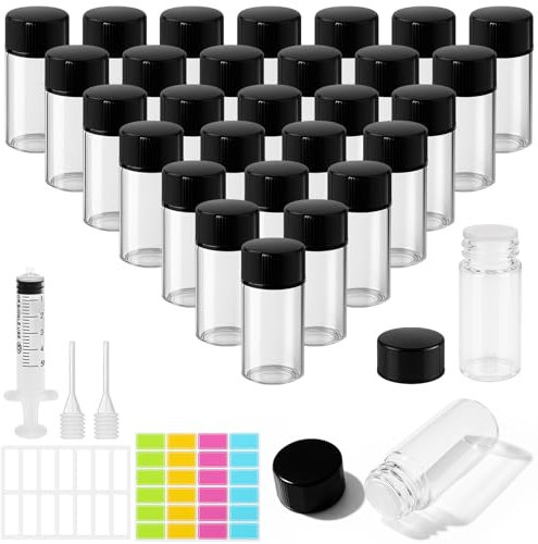 MirraSwit 30Pcs 3ml Flacons à Echantillons, Transparent Flacon Huile Essentielle Vide, Mini Bouteilles en Verre avec Seringue, Compte Gouttes, Etiquetage pour Huile Essentielle Spa Massage