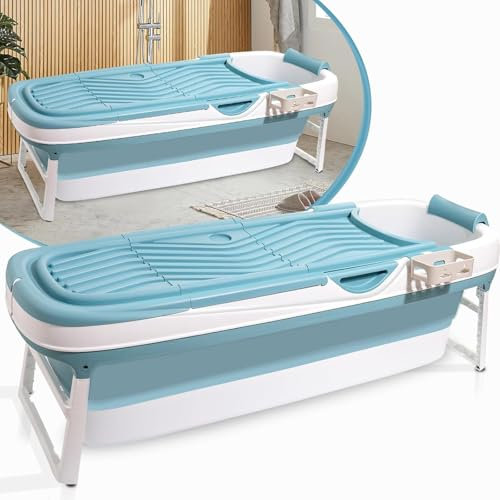 Mixtric Große Faltbare Badewanne, Zusammenklappbare Badewanne, Tragbare Badewanne Für Erwachsene, wasserdichte Freistehende Badewanne Mit Massagerolle,Blau