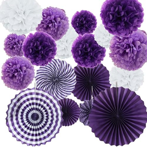 24PCS Lila Deko TREABEAR, Papier Pompoms Deko, Papierfächer Deko, Papier Party Dekorationen, Gartenparty Deko, Lila und Weiß Seidenpapier Pompons für Festival Karneval Hochzeit Geburtstags Dekor