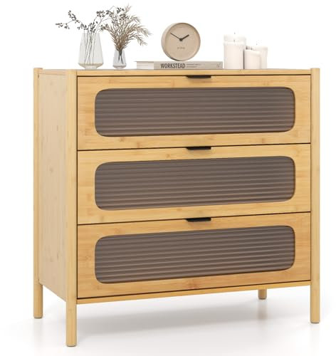 GIANTEX Commode en Bambou à 3 Tiroirs, Table de Chevet à 3 Niveaux avec Kit Antibasculement et Décoration en Verre Trempé, Meuble de Rangement en Bois pour Chambre à Coucher et Salon, Naturel