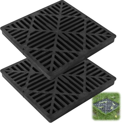 Calvana 2 Pack 12 Inch Catch Basin Drain Grate, Fiberglass Reinforced Polyethylene Square Drain Cover for Yard Patio Driveway Drainage, Black