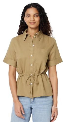 Amazon Essentials Camicia a Maniche Larghe e Regolabile in Vita, in Misto Lino, Vestibilità Comoda Donna