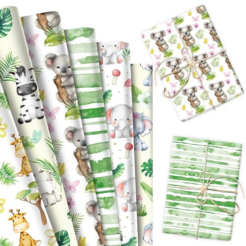 Dschungel Babyparty Geschenkpapier 68.58X50.8cm Safari Geschenkpapier | 12 Blatt Dschungel Babyparty Geschenkpapier 68.58X50.8cm Safari Wildtiere Geschenkpapier Elefant Giraffe Koala Kunstpapier