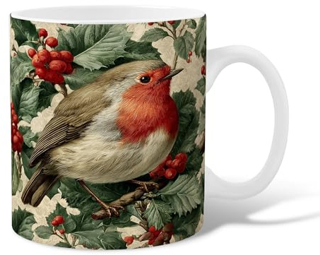 Rotkehlchen-Kaffeetasse, Keramik, Vintage, Stechpalmenbeeren, Weihnachten, Rot, Neuheit, Arbeit, Trinkbecher mit Griff, Geschenk für Freunde, Familie, Kollegen, Lehrer, Paare, Mitarbeiter, 325 ml