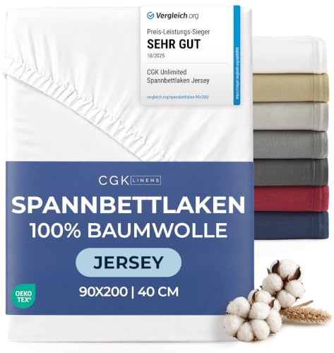 Spannbettlaken Jersey 90x200 - Baumwolle Boxspringbett 40cm tief - Weiß | Spannbetttuch, Rundumgummi, Dehnbar, Weich, Atmungsaktiv, Knitterfrei, Pflegeleicht, Baumwoll-Jersey, Bis 40cm, OEKO-TEX