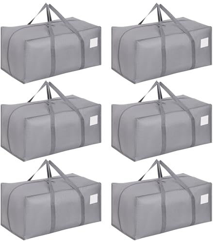 Dntorx 6 Pack 90L Moving Bags With L Zips, Heavy Duty Storage Totes, Grey | PP Woven Material, Waterproof, Foldable, L-Shaped Zip, Carry Handles, Label Pocket, Ideal For Moving And Clothes Storage