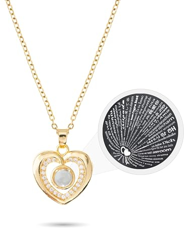 XELLENZ - Elegante Halskette Damen mit Herz Anhänger –Projektion „Ich liebe Dich“ in 100 Sprachen – Romantisches Geschenk für Frauen, beste Freundin und zum Valentinstag (Gold/Silber)