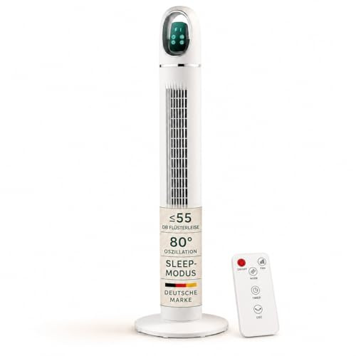 Onbest Turmventilator 45 W leise mit Fernbedienung weiß | Tower- und Standventilator, 80° Oszillation, Sleep-Modus, Timer, stromsparend, fürs Schlafzimmer