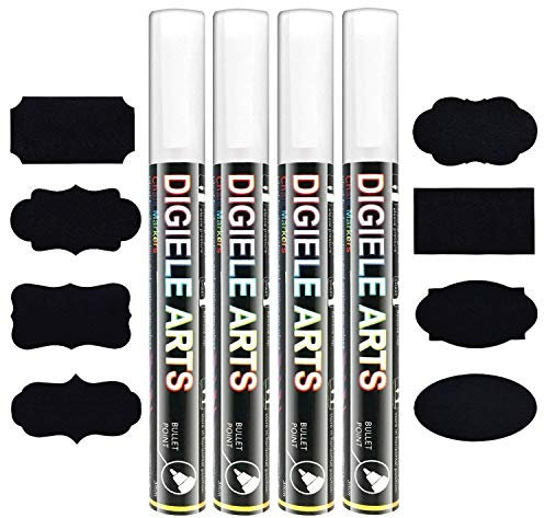 DIGIELE Rotulador Tiza Liquida Blanco, Punta Reversible de Bala o Cincel de 6mm, Borrado con Seco y Paño Húmedo, Pack de 4 Rotulador Blanco y 16 Piezas de Etiquetas Reutilizables y Adhesivas