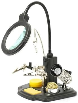 DAYTOOLS Helfende Hand LS-10Y Lötzentrum | LED-Lupenleuchte mit Ø 85 mm | Lötzinn-Abroller | Mit 3 Greifzangen | Batteriebetrieben | Inkl. Schwamm, Abstreifer und Lötfett | Lötkolbenhalter