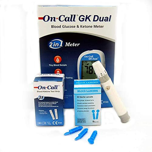 On Call GK Meter 25 Ketone Test Strips Lancer+Lancets Bundle Starter Pack displays in mmol/L