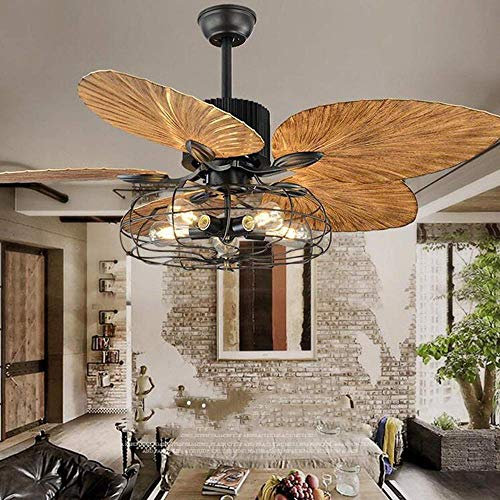 Industrial Cage Ceiling Fan with Light Tropical 5 Lights Remote Control Indoor Chandelier Fan Light Palm 5 Reversible Blad.
