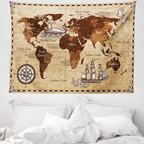 ABAKUHAUS Karte Wandteppich, Retro Skizze Weltkarte aus Weiches Mikrofaser Stoff Waschbar ohne Verblassen Digitaldruck, 150 x 110 cm, Sandbraun und Braun