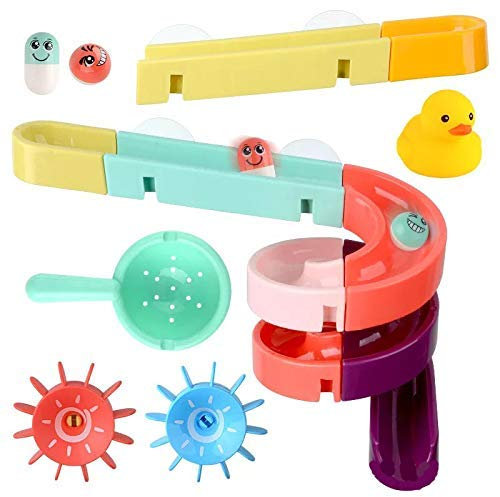 24pcs Free Combination of Track Bath Toy with Floating Duckling and Scooper Watermill Toy Bath Time DIY Orbit Pathway Water Game with Suction Cups for Toddlers Children Boys and Girls 3 4 5 Years Old
