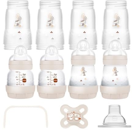 MAM Easy Start Self Sterilising Anti Colic Starter Set Unisex Newborn 0+ Bottle Set and Soother incl. Extra Small teats for breas tmilk, Newborn Essentials, Colour: Sand-Creme Beige Almond