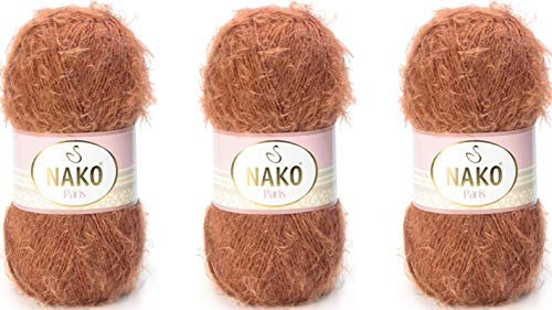 NAKO Paris Strickgarn, Häkelgarn - Acrylschal Wintermütze Schalgarn - 3 Knäuel 40% Premium Acryl - 60% Polyamid, Je 100 g 268 Yds (5520-Zimt)