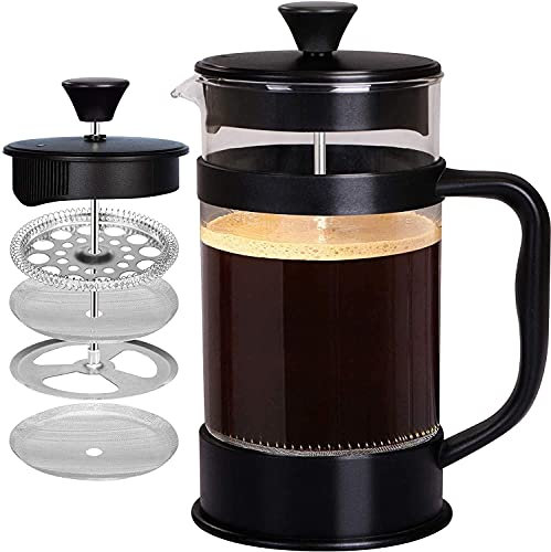 KICHLY Cafetière 8 Cup French Press Coffee Maker, Coffee Press and Tea Maker with Triple Filters, Heat Resistant Borosilicate Glass with Steel Plunger - 1000ml / 34Oz (Black, 8 Cup (Pack of 12))