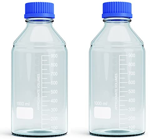 1000ml Storage Glass Bottles – 2pcs Round Media Storage Bottle – Borosilicate Glass Bottles – Safe Probe Storage Glass Storage Bottles with GL45 Blue Screw Cap (1000ml - 2pcs)