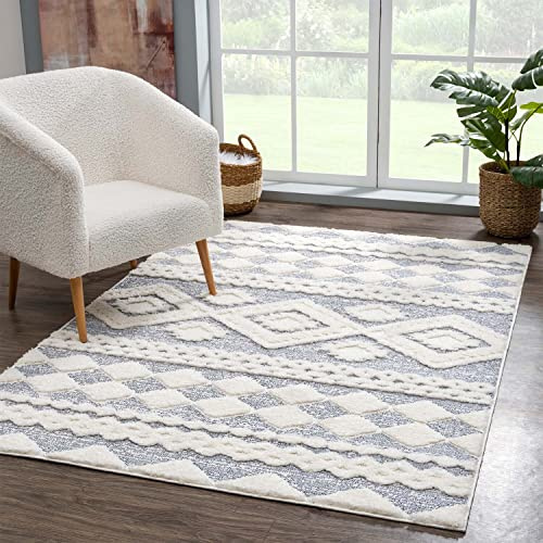 carpet city Teppich Hochflor Wohnzimmer - 120x170 cm - Landhaus-Stil Ethno Grau Creme - Cut-Loop, Hochtief, 3D-Effekt - Shaggy Teppiche Flauschig-Weich Schlafzimmer Langflor