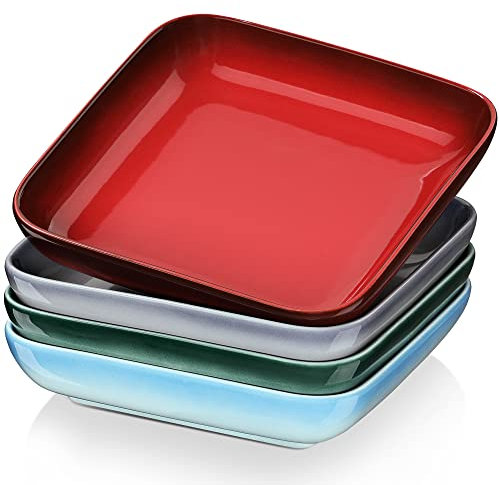 LOVECASA Juego de Platos de Sopa, Platos Hondos 4 Piezas, 1050 ML, Vajilla de Cerámica Cuadrado para Sopa, Fruta, Ensalada, Color Mezclado