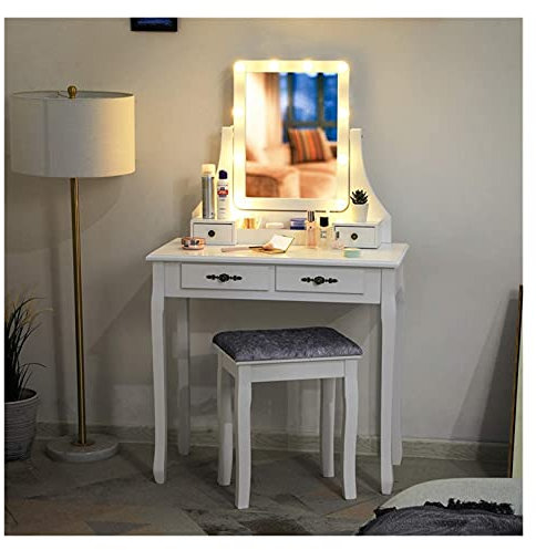 TOMYEUS Schminktisch Make-up-Eitelkeit Set 4 Schubladen-Eitelkeitstabelle mit 1 abnehmbaren Aufbewahrungsbox-Dressing-Tisch mit Spiegel und gepolstertem Hocker, weiß Kosmetiktisch