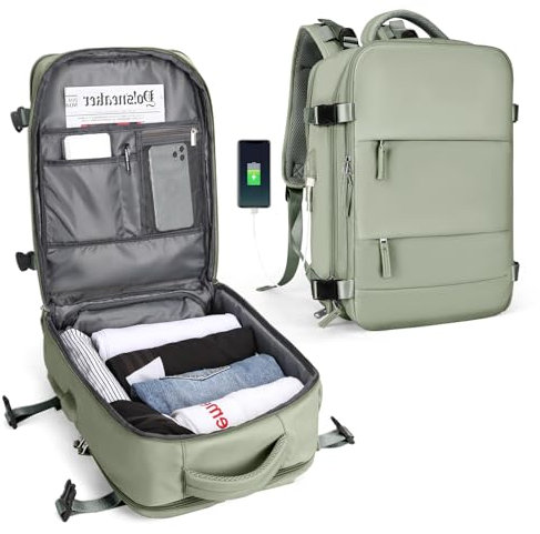 SZLX Großer Reiserucksack Damen, Handgepäck Rucksack,Wanderrucksack Wasserdichter Outdoor-Sportrucksack Lässiger Tagesrucksack Schultasche Fit 14 Zoll Laptop mit Schuhfach und Laptopfach,Olivgrün