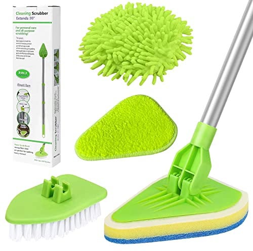 WENYA Bathroom Cleaning Brush with Long Handle 90cm, Extendable 4 in 1 Tub and Tile Scrubber with Microfiber Pad, Scrubbing Sponge and Coral Velvet Mop Head for Bathroom Floor Tile Sink Bathtub