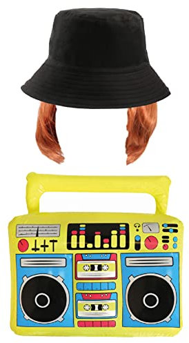 Kevin-Kostüm für Erwachsene, schwarzer Eimerhut, Ingwer-Perücke und aufblasbare Boombox, Erwachsenen-TV-Film-Kostüm