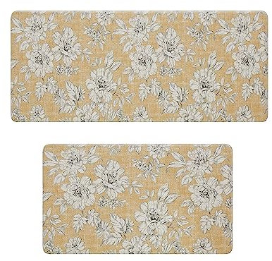 Laura Ashley - Anti-Ermüdungs-Küchenmatte, Iris-Blumenmuster, flecken-, wasser- und lichtbeständig, Entlastung beim Kochen und Stehen, rutschfeste Unterseite, 2-teiliges Set, Tawny Yellow